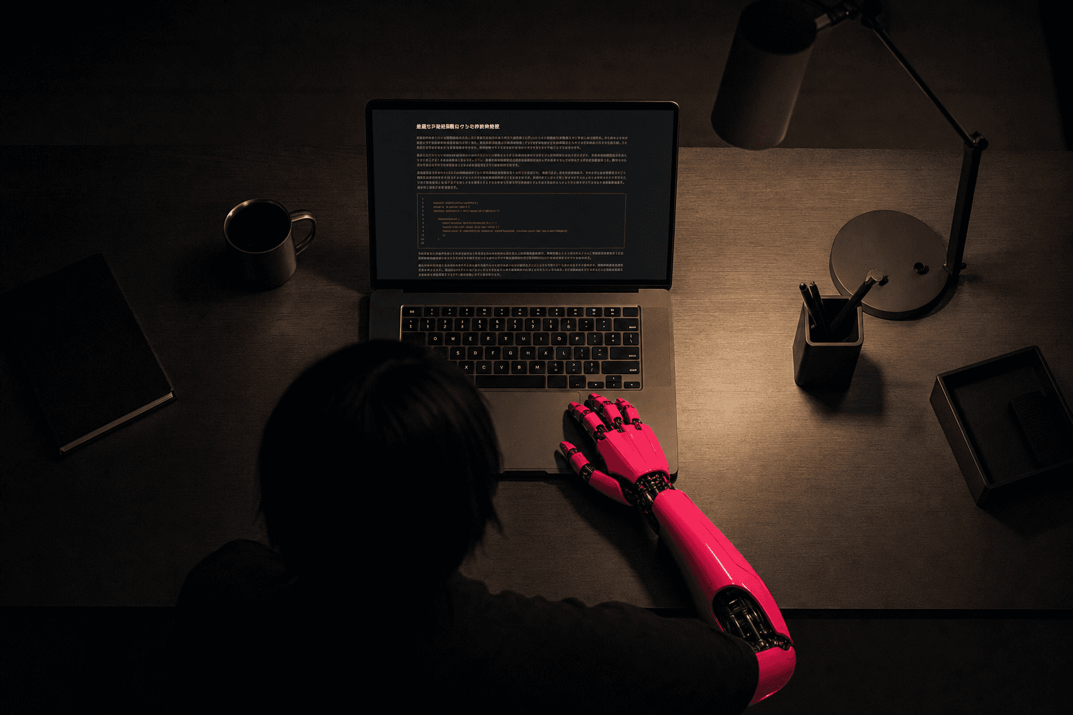 見出しと本文とコードブロックが表示された技術記事の画面と、その手前に置かれたピンクのエージェントの手